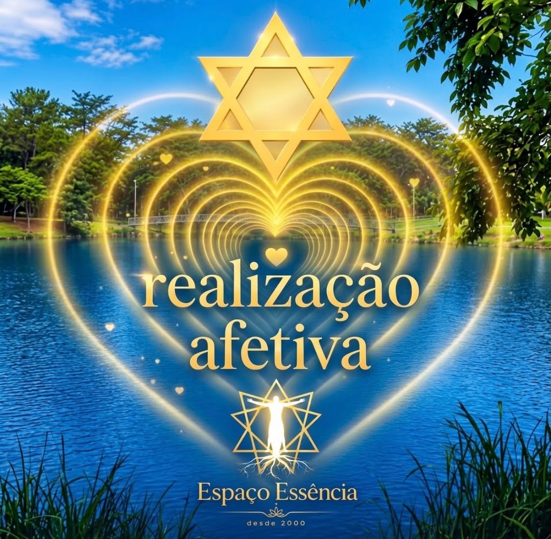 Arte Realização Afetiva do Espaço Essência sobre lago, coração de luz e símbolos dourados